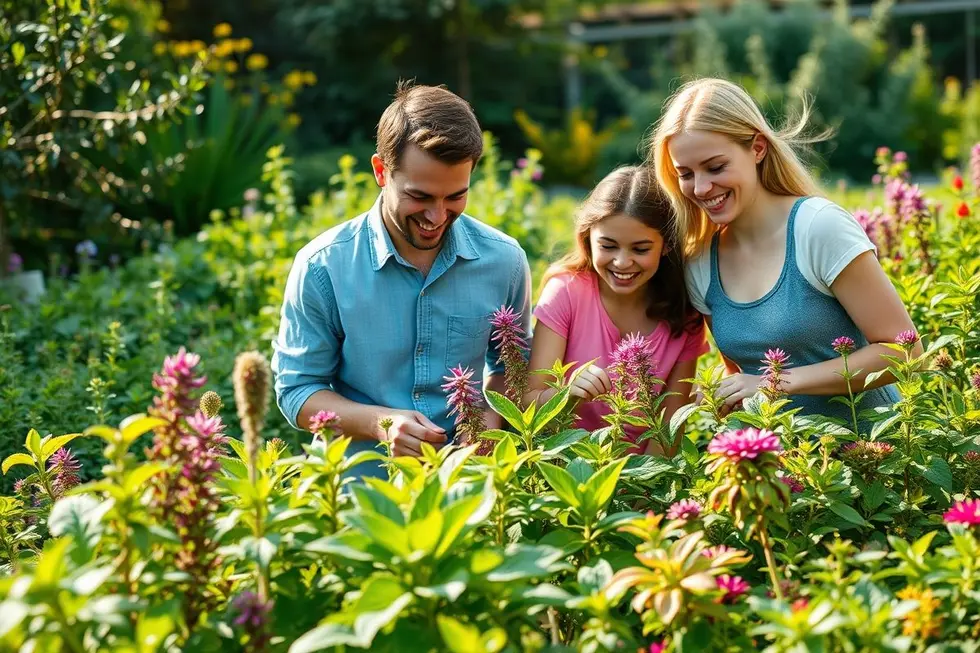 Família alegre em um jardim de plantas medicinais