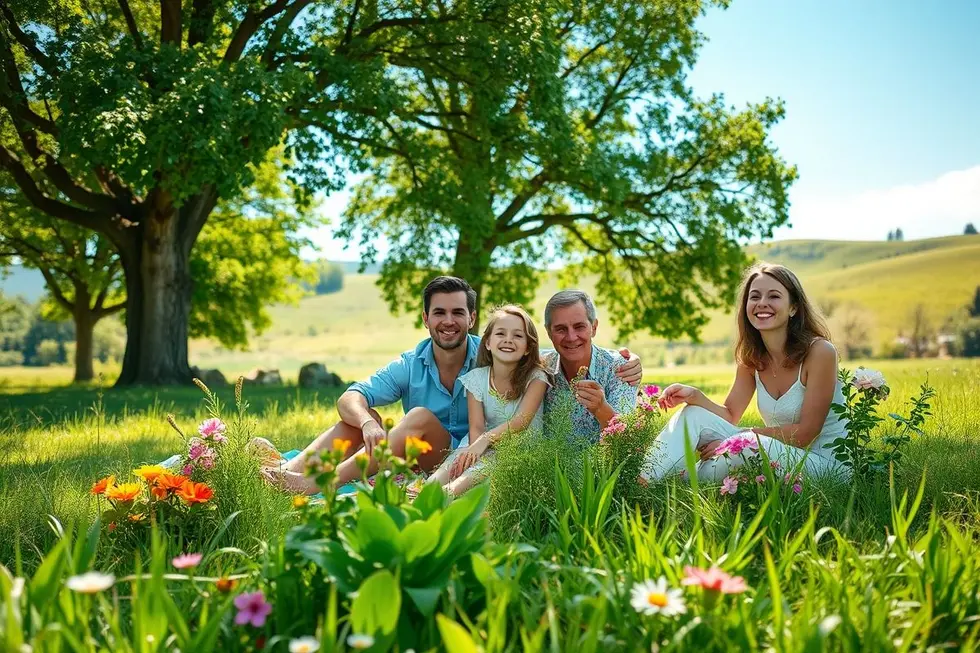 Família feliz desfrutando de um dia ao ar livre cercada pela natureza