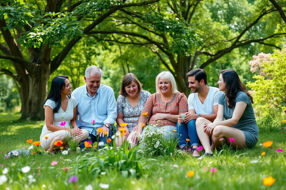 Família reunida na natureza, cercada por árvores e flores