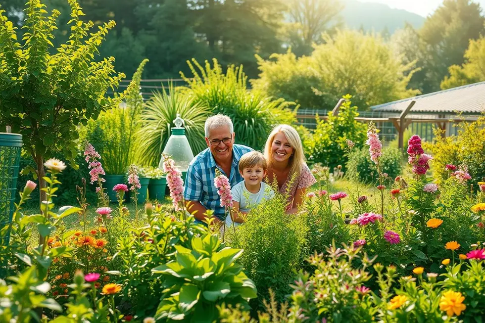 Família feliz em um jardim de ervas, seguros na natureza.