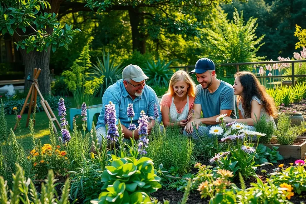 Família desfrutando de um jardim repleto de ervas medicinais