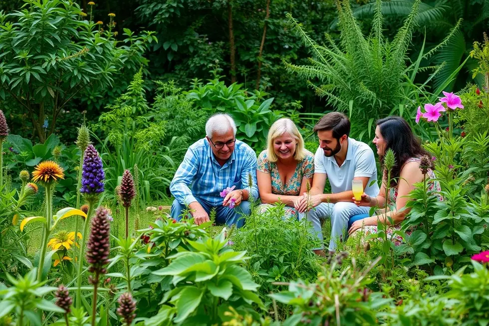 Família reunida em um jardim de plantas medicinais