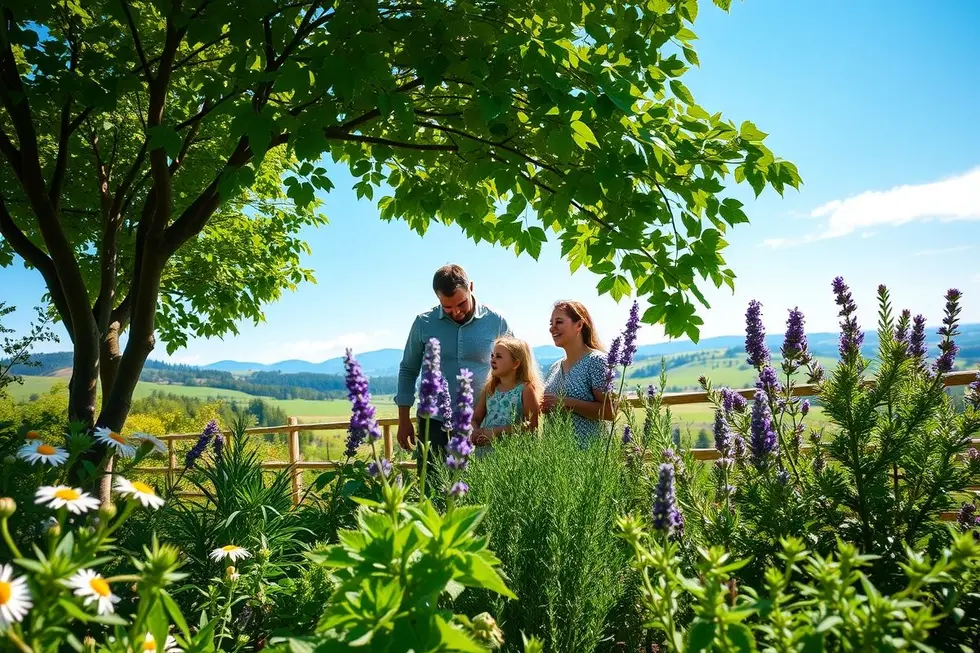 Um momento alegre de uma família reunida em um jardim de plantas medicinais, celebrando a natureza.