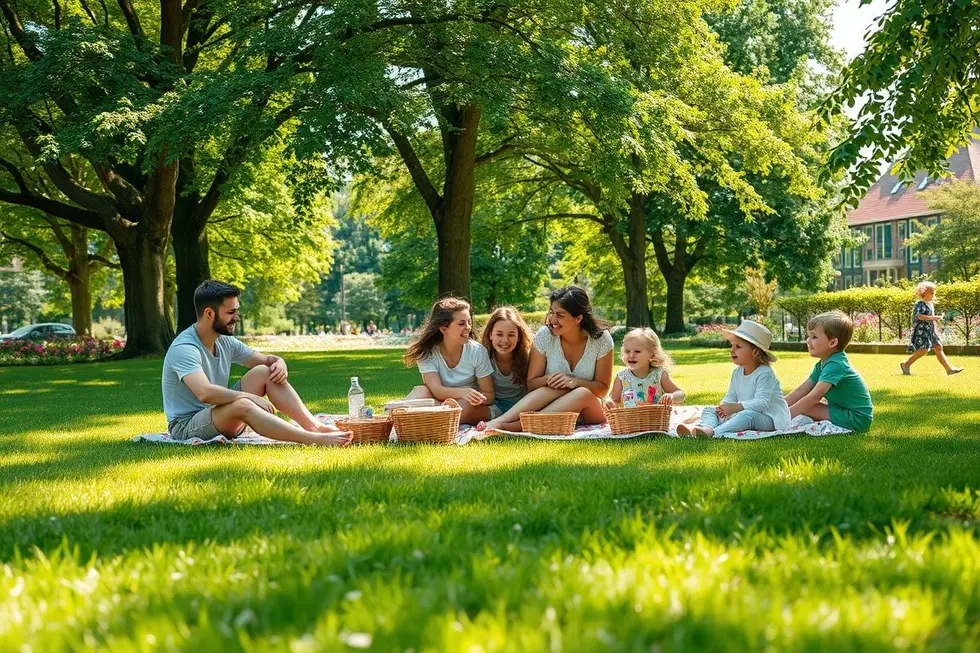 Uma família se divertindo durante um piquenique em um parque.