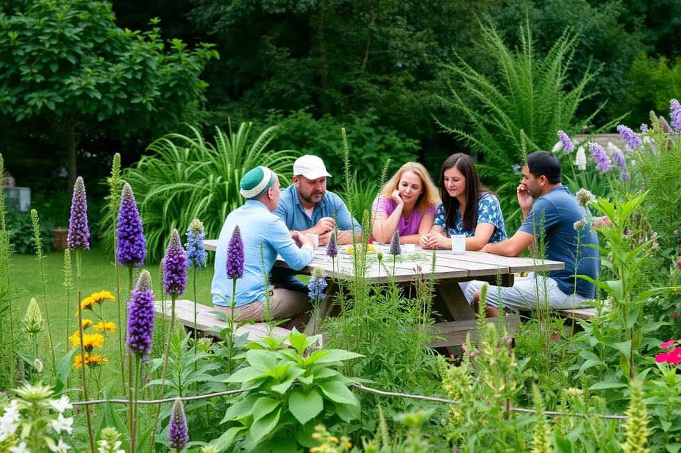 Família reunida ao ar livre, entre plantas medicinais