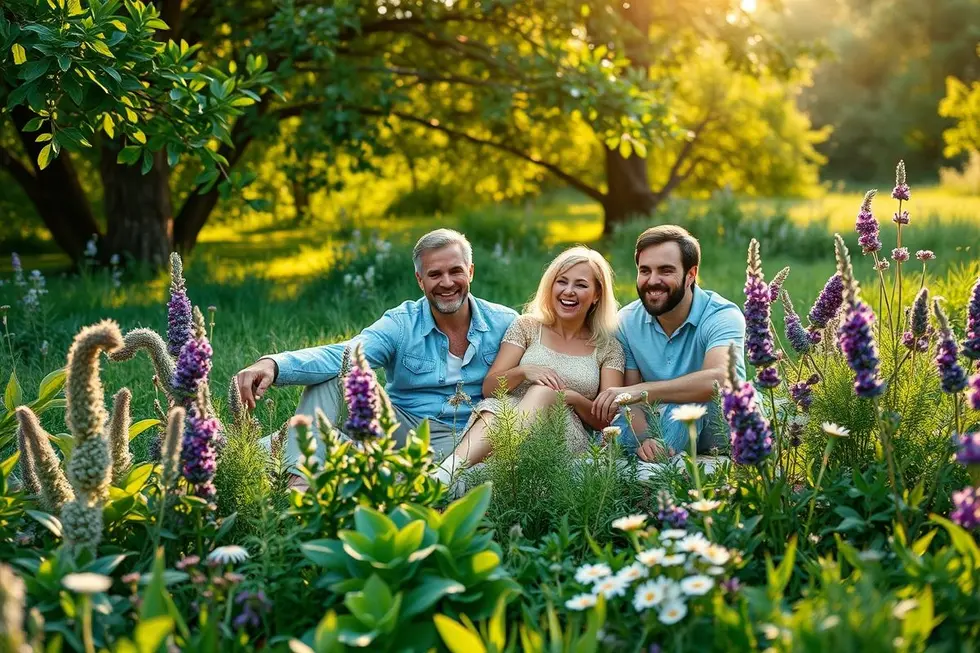 Família em piquenique entre plantas medicinais