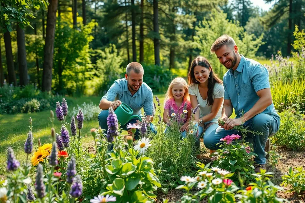 Família feliz plantando ervas medicinais no seu jardim