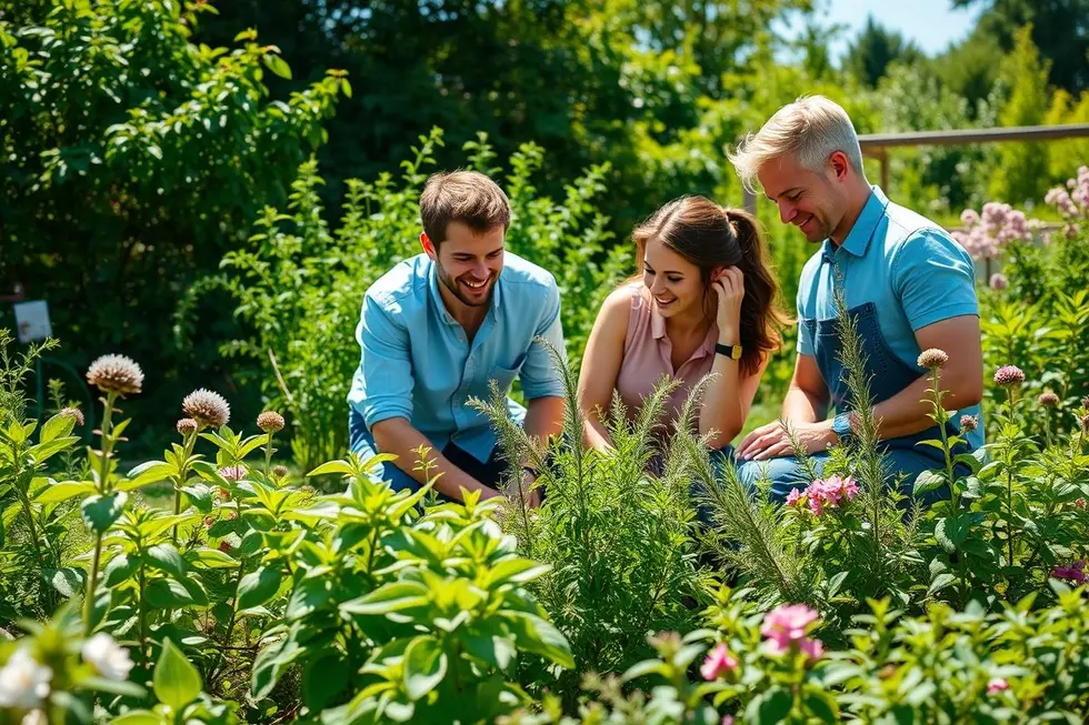 Família desfrutando de um dia ensolarado no jardim cultivando plantas.