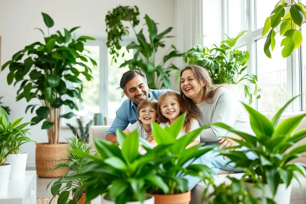 Família rodeada de plantas seguras em um ambiente doméstico acolhedor.