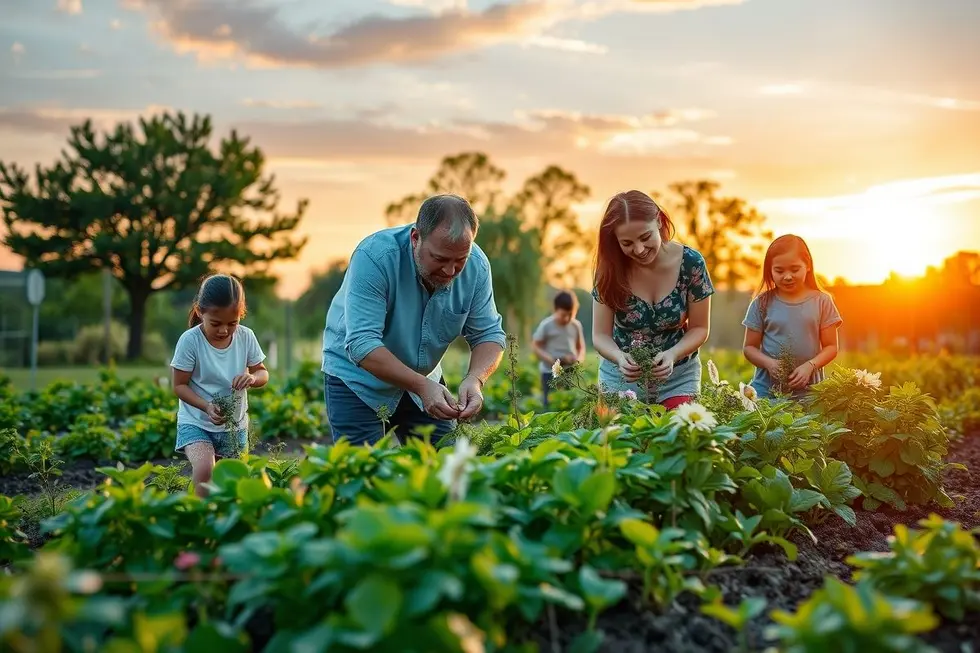 Famílias em um jardim de plantas medicinais