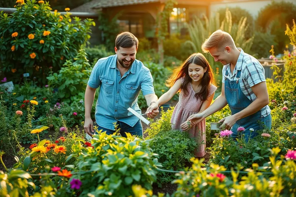 Família plantando juntas em um ambiente natural.