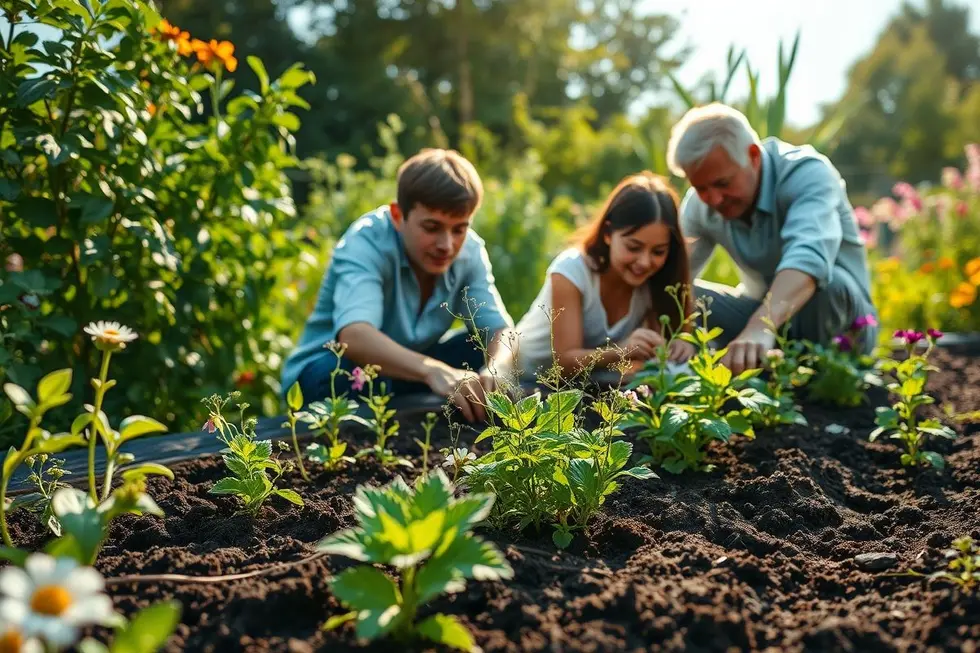 Família jardineira cultivando plantas