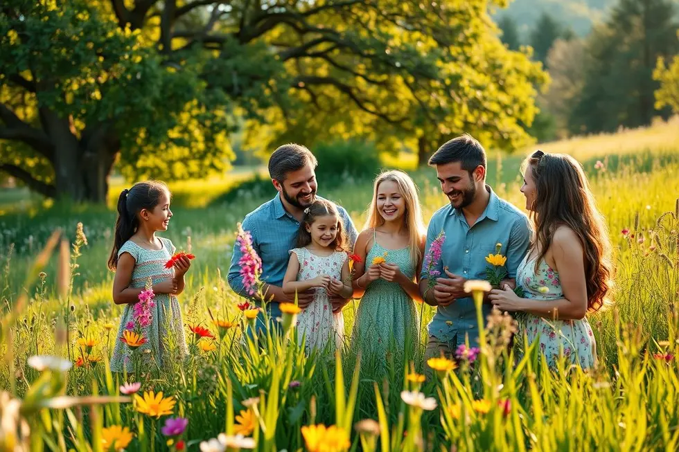 Família ao ar livre aprendendo sobre plantas medicinais