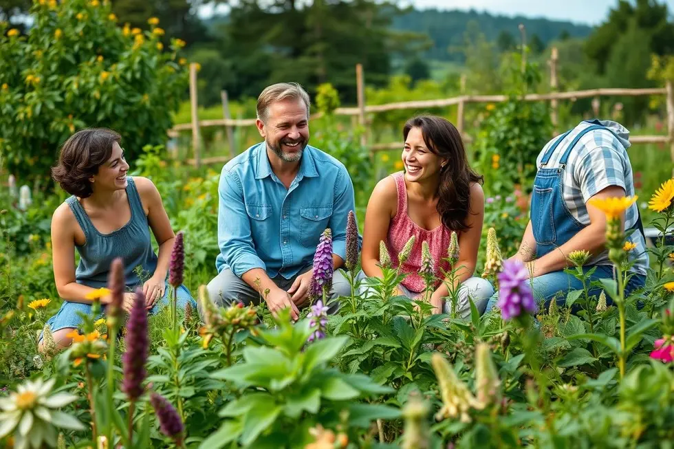 Família se divertindo em um jardim de plantas medicinais