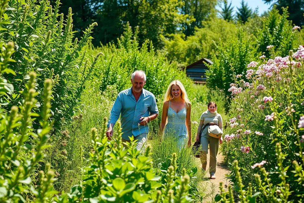 Uma família feliz explorando um jardim de ervas ao ar livre
