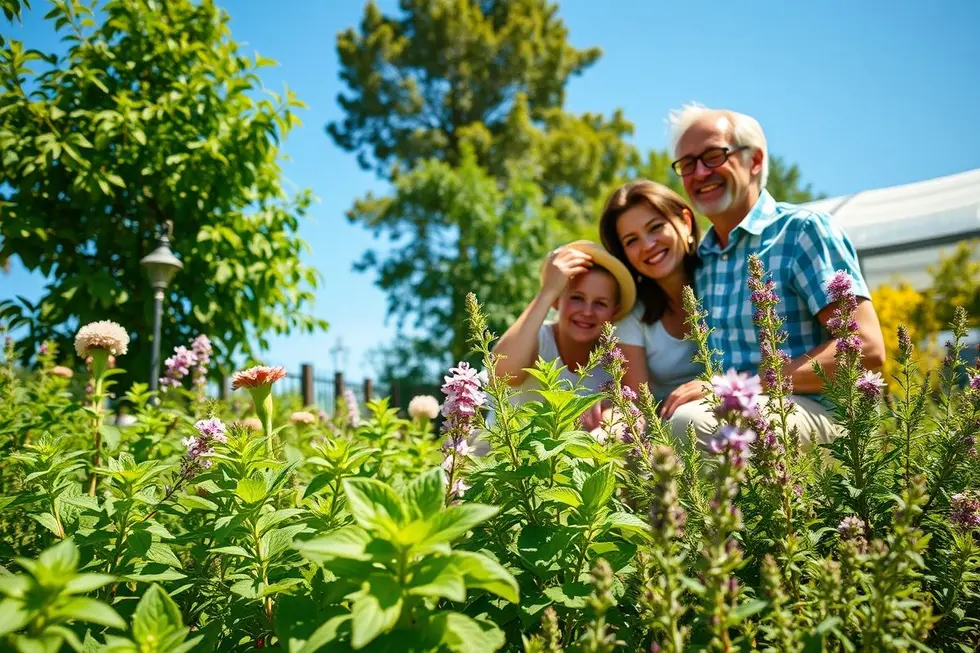 Família em um jardim cheio de plantas