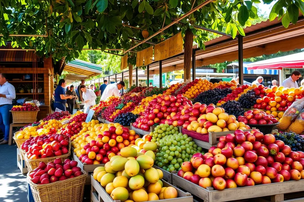 Bancada de mercado de frutas repleta de frutas frescas e coloridas