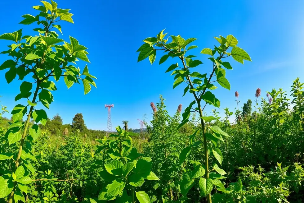 Um jardim exuberante com ervas, incluindo a planta Guaimbê.