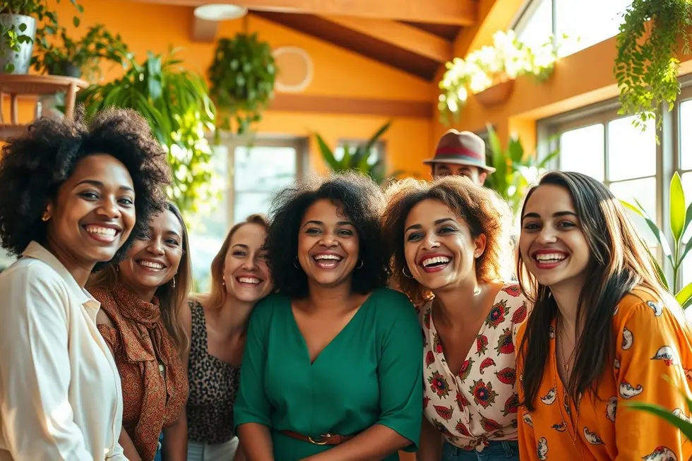 Mulheres sorrindo em apoio à saúde feminina