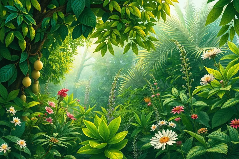 Visão panorâmica de um jardim com guaimbê e outras plantas medicinais