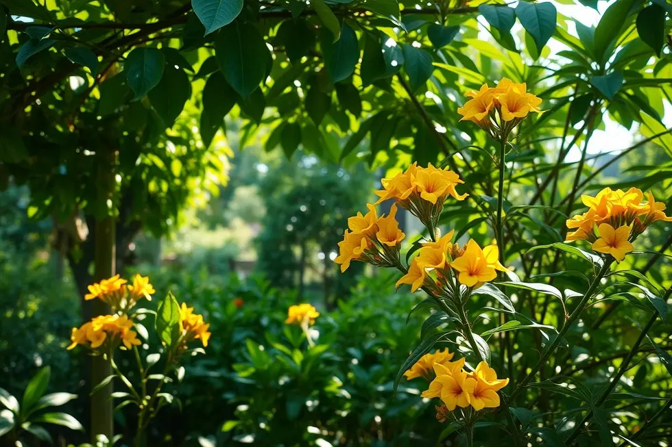 Jardim com plantas guaimbê em flor