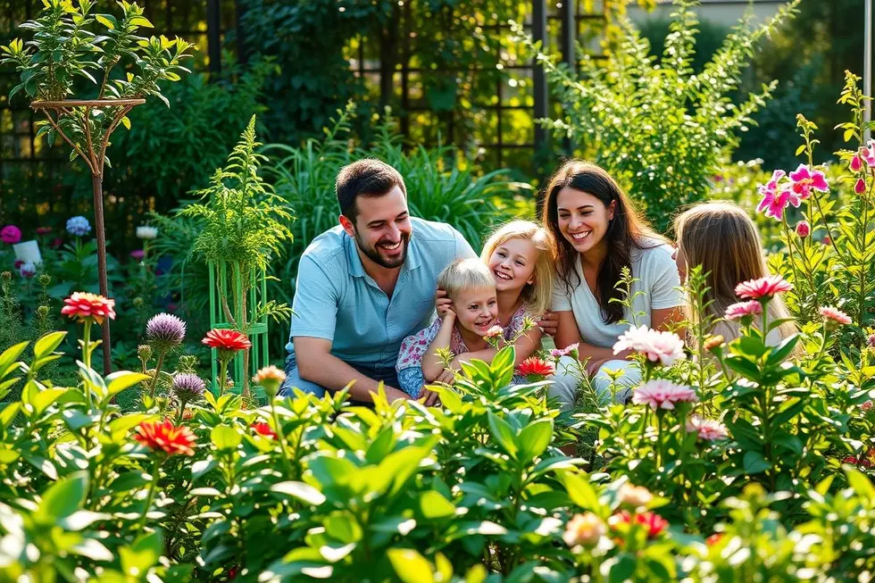 Família sorridente em um jardim cultivando plantas medicinais