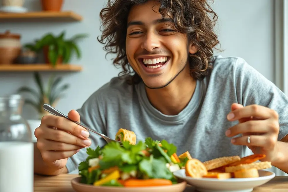Pessoa feliz consumindo alimentos probióticos