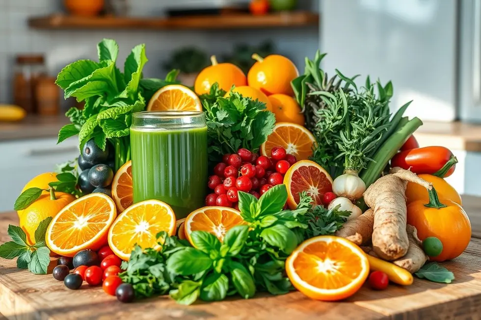 Uma seleção de frutas e vegetais saudáveis para sucos detox