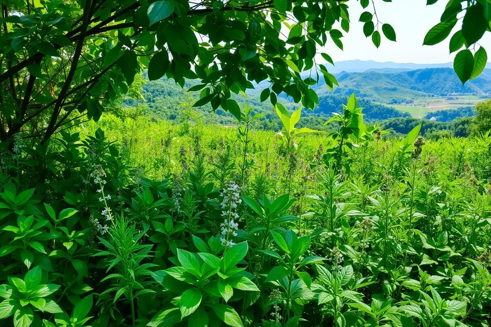Vista de um jardim verdejante de ervas