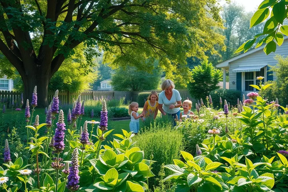 Família unida em um jardim de plantas medicinais