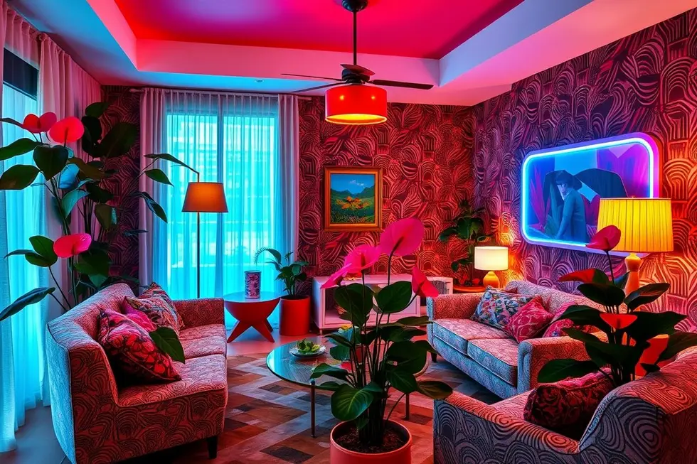 Espaço decorativo com antúrios nos anos 80