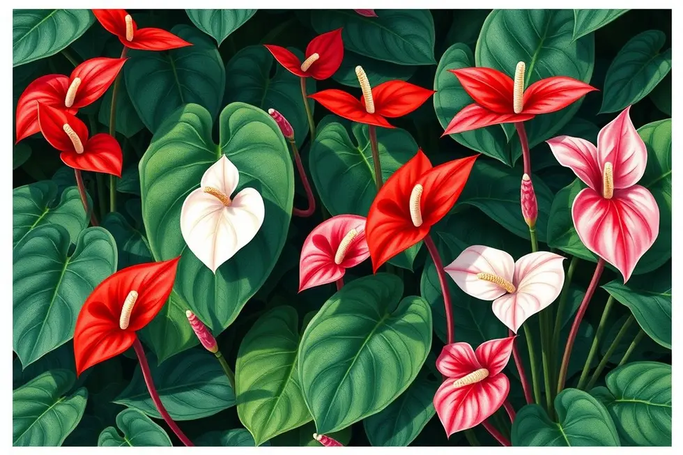 Colorful Anthurium plants in a beautifully arranged setting.