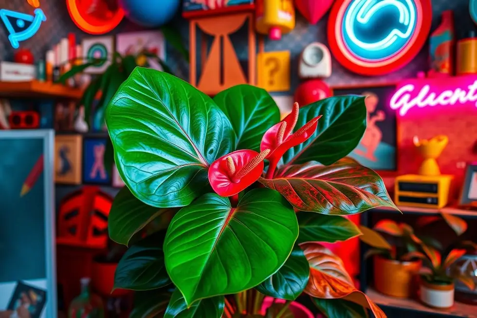 Antúrio rabinho-de-porco em ambiente decorado com estilo dos anos 80