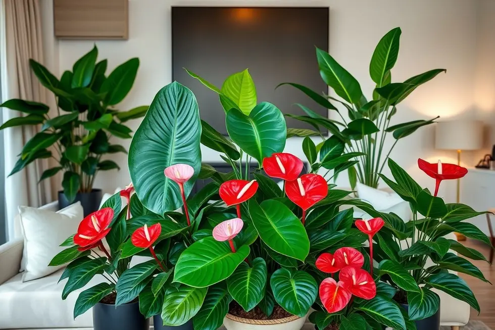 Arranjo de plantas antúrio em um ambiente moderno