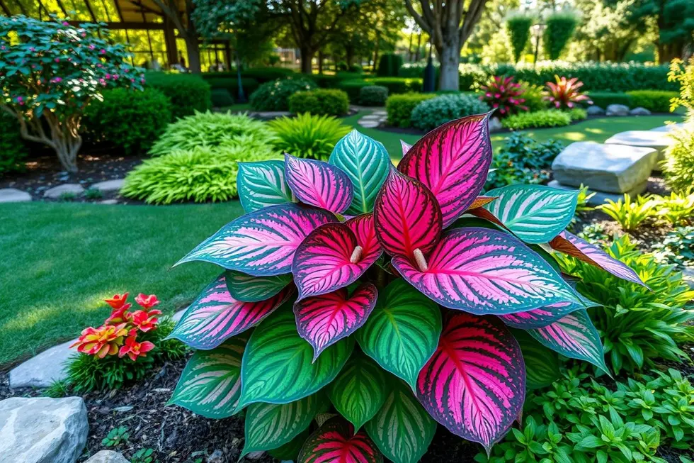Planta Caladium colorida em um jardim