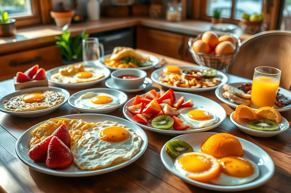 Mesa de café da manhã com pratos à base de ovos e frutas.