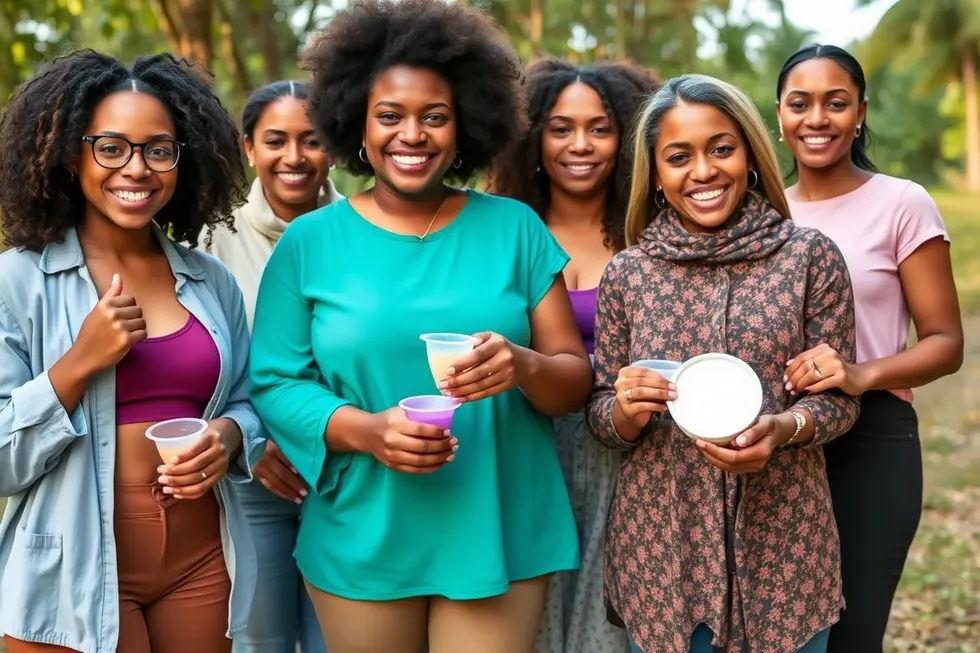 Imagem de mulheres usando soluções menstruais sustentáveis.