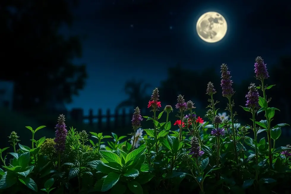 Imagem noturna com plantas medicinais simbolizando cura natural.