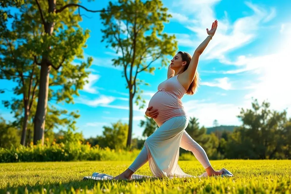 Mulher grávida praticando yoga ao ar livre