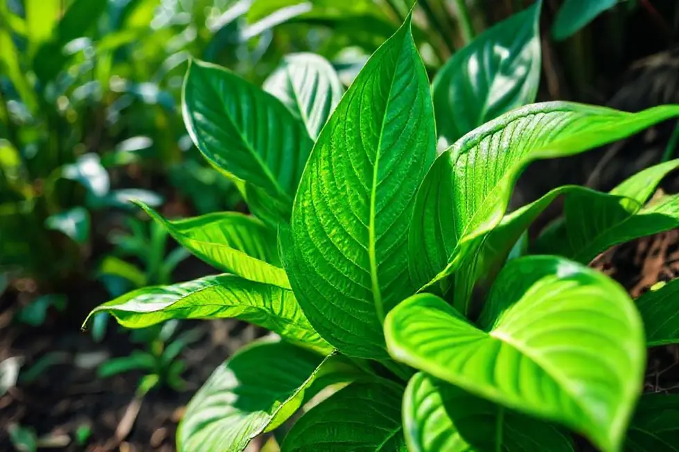 Close-up da planta guaimbê mostrando suas folhas verdes em um ambiente natural.