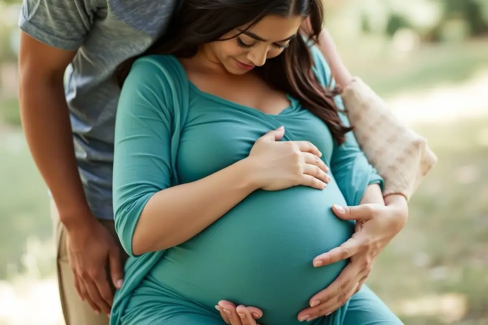 Mãe em trabalho de parto natural com suporte do parceiro.