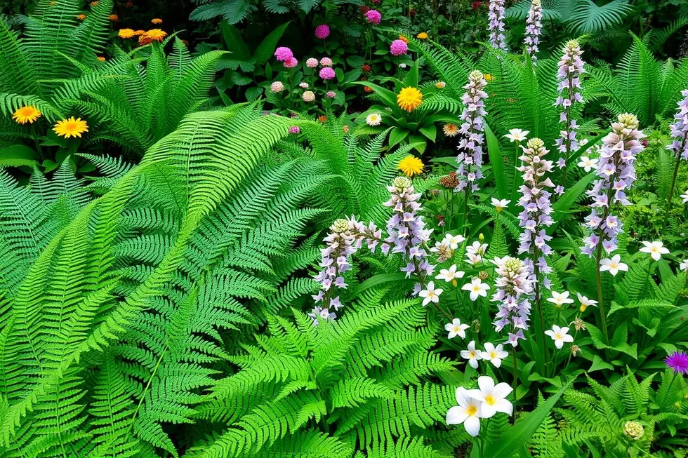 Jardim com diversas samambaias e flores