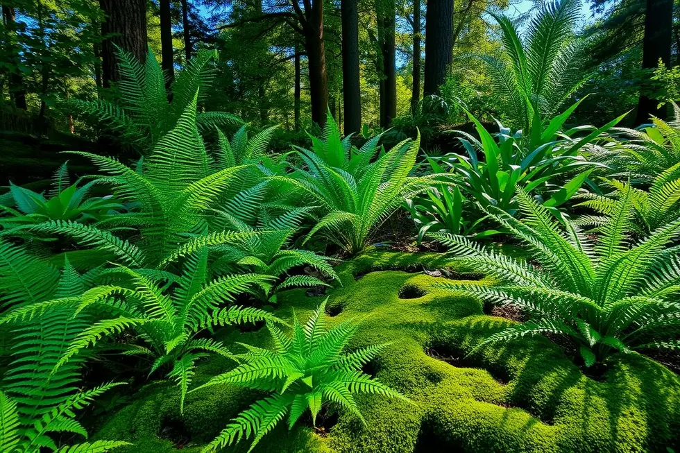 Jardim bonito com uma variedade de samambaias