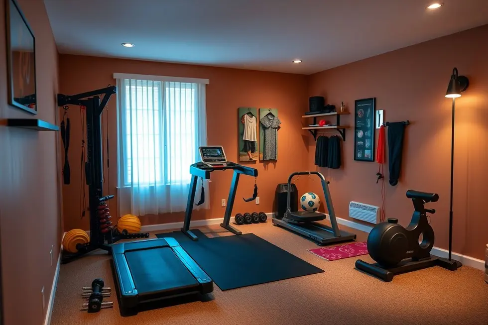 Ambiente de ginástica em casa, treino de fitness