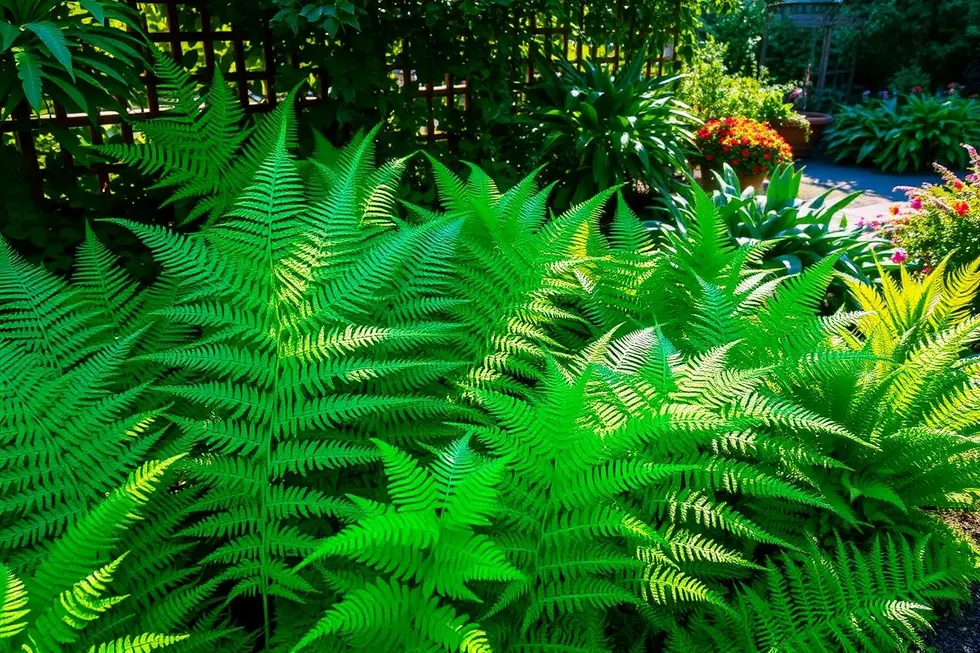Samambaias em um jardim vibrante