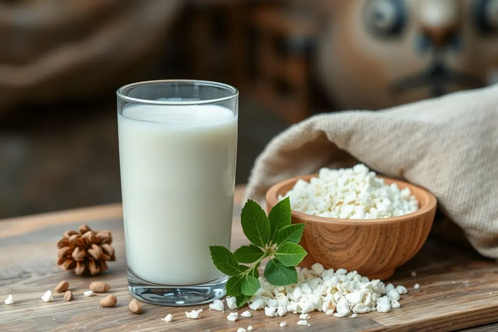 Imagem de um copo de kefir com grãos de kefir ao lado