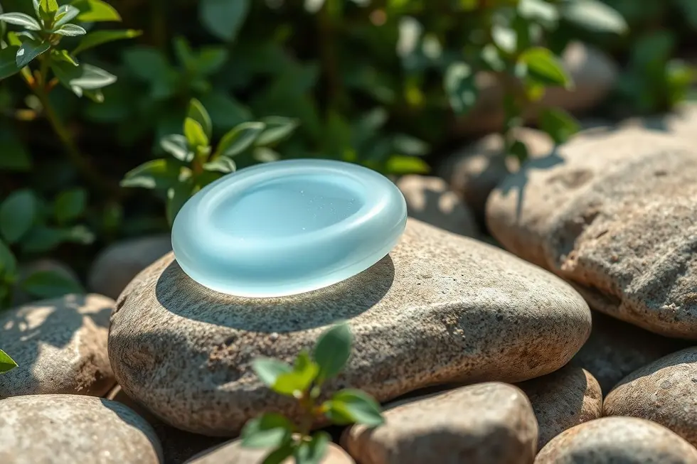 Produto de hidrogel posicionado em um ambiente natural, simbolizando cuidados com a pele.