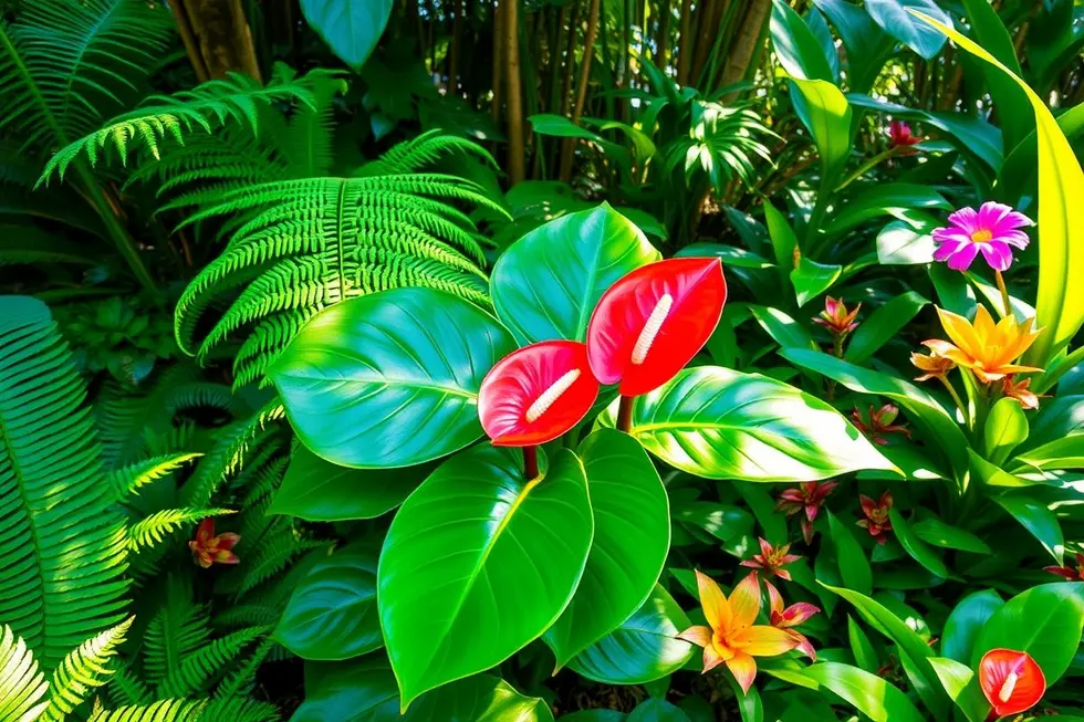 Antúrio Rabinho-de-Porco em um ambiente natural com plantas tropicais
