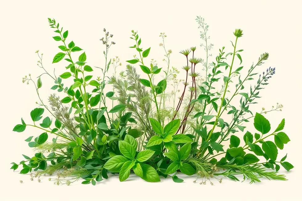 Ilustração de várias ervas medicinais para apoio à digestão