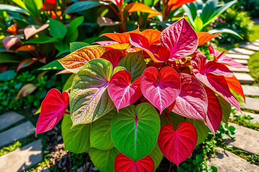 Planta de Caladium em um jardim ensolarado